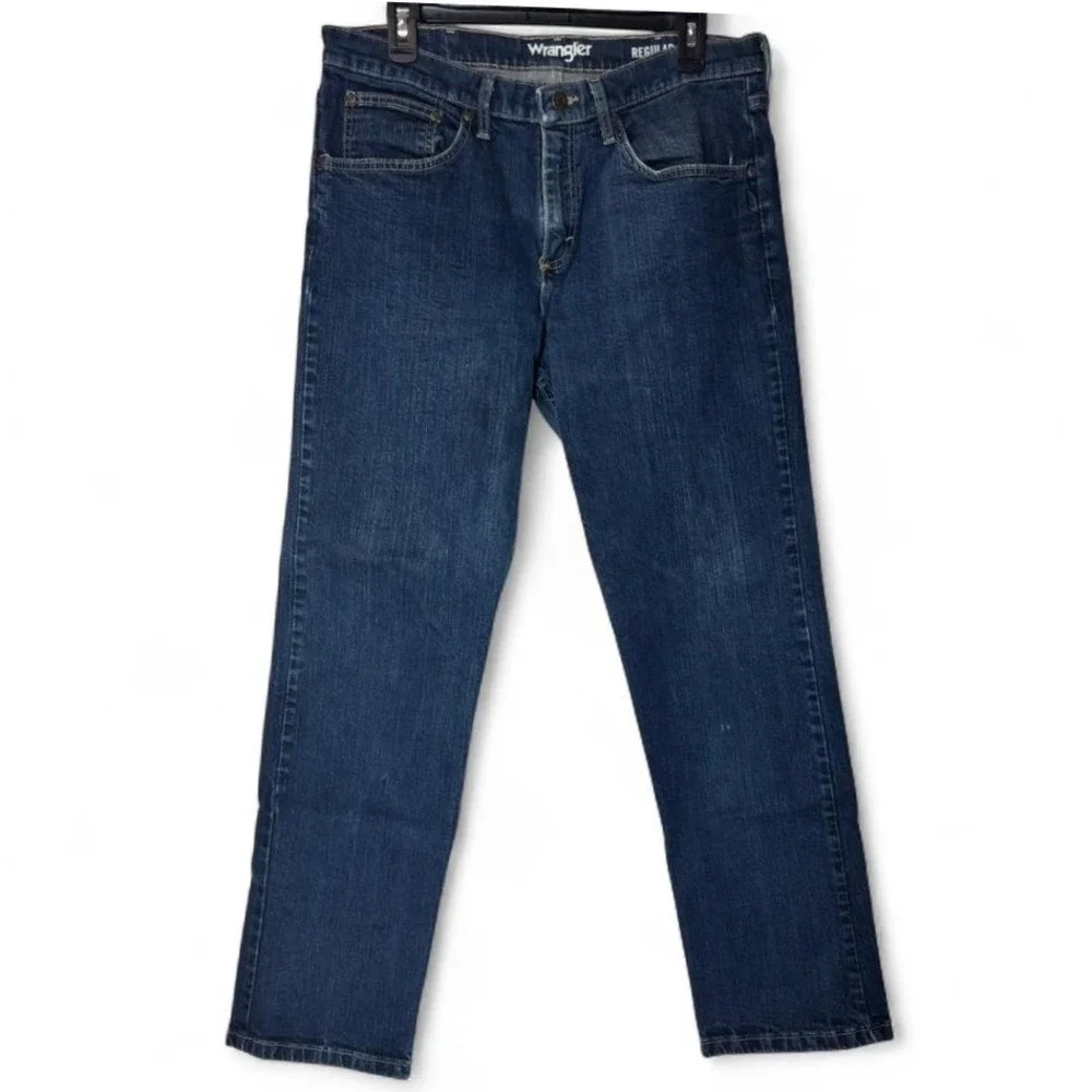 Wrangler Regular Taper Mens Jeans Dark Wash Size 32x28 Classic Blue Jeans Work